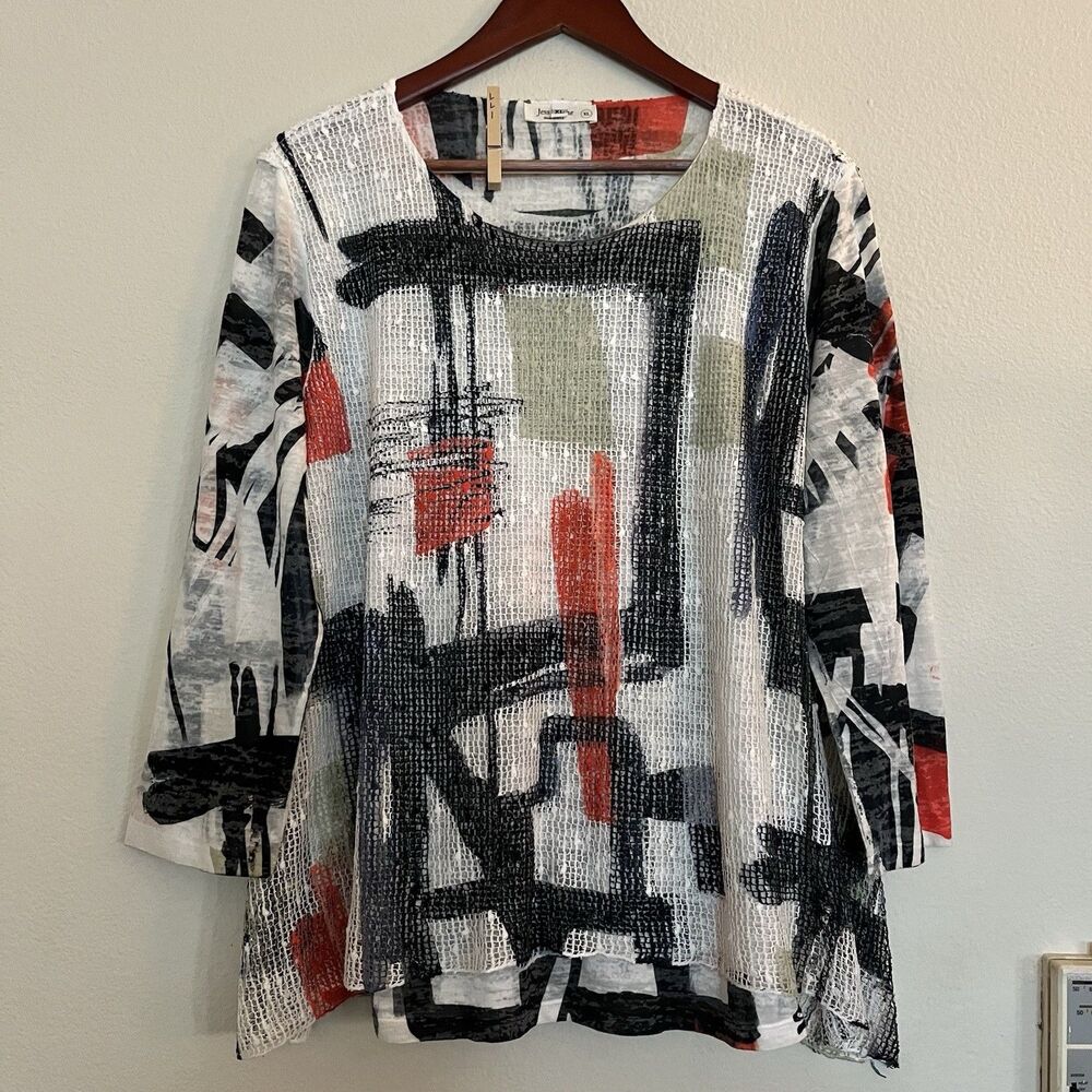 Jess & Jane 3/4 Sleeve Mesh Overlay Sublimation Abstract Artsy Top Blouse SZ XL